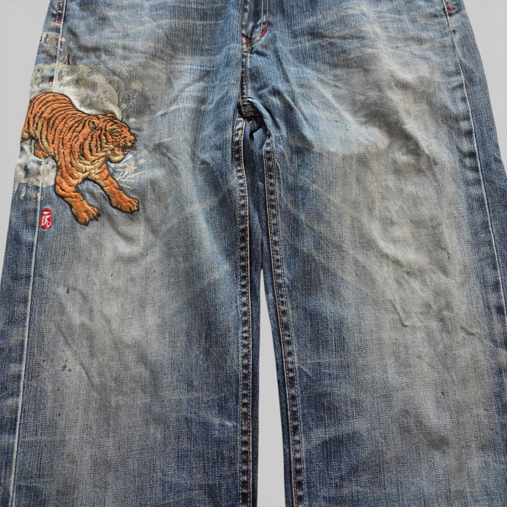 Vintage Japanese Big Train Printed Jeans (L)